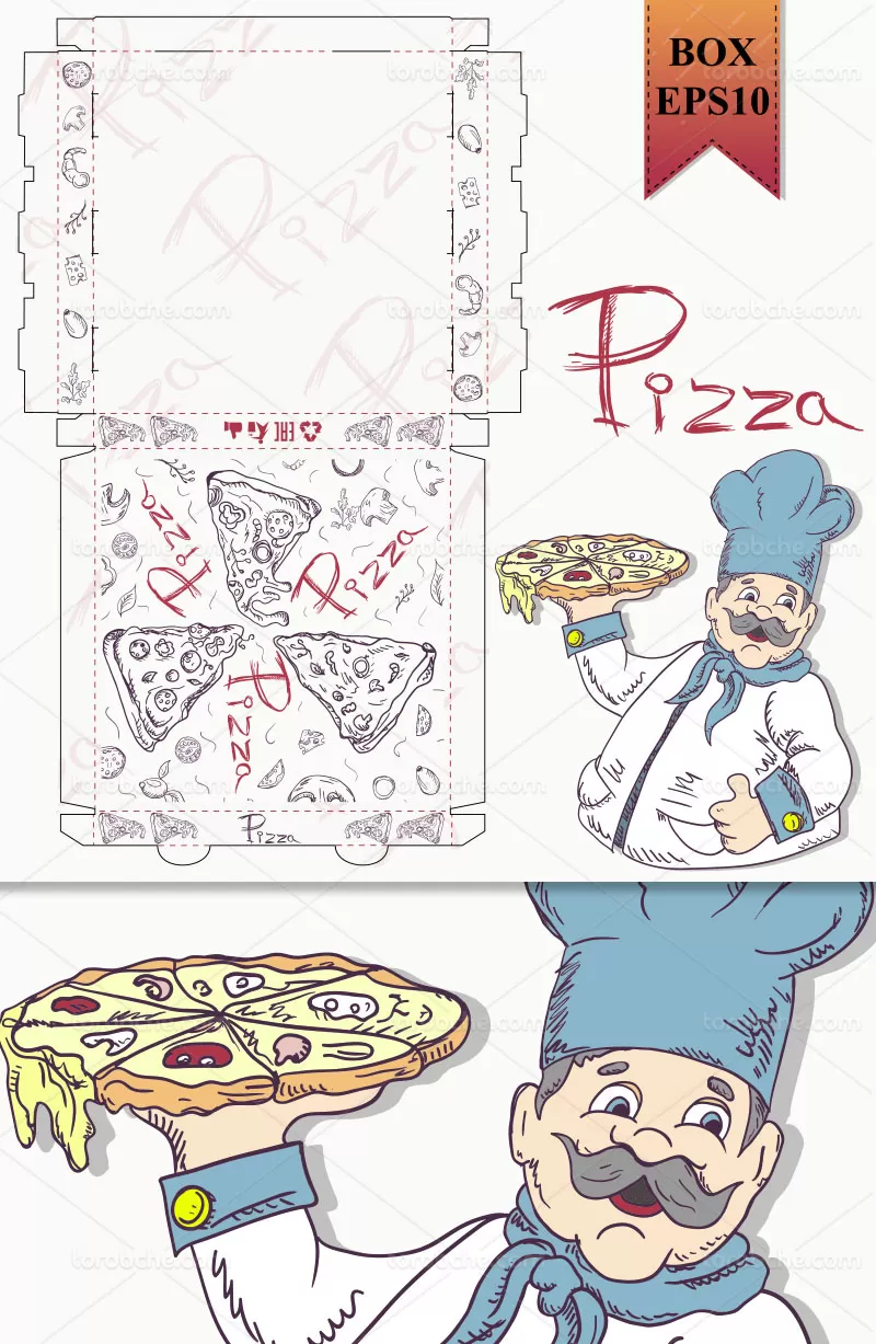 وکتور طرح گسترده بسته بندی جعبه پیتزا | گرافیک با طعم تربچه