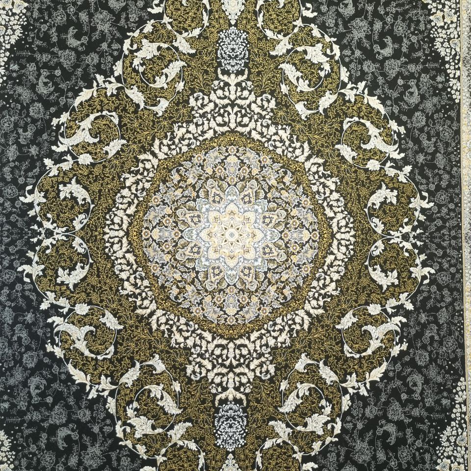 فرش پاتریس 1200شانه گل برجسته طرح کارون مشکی 9متری