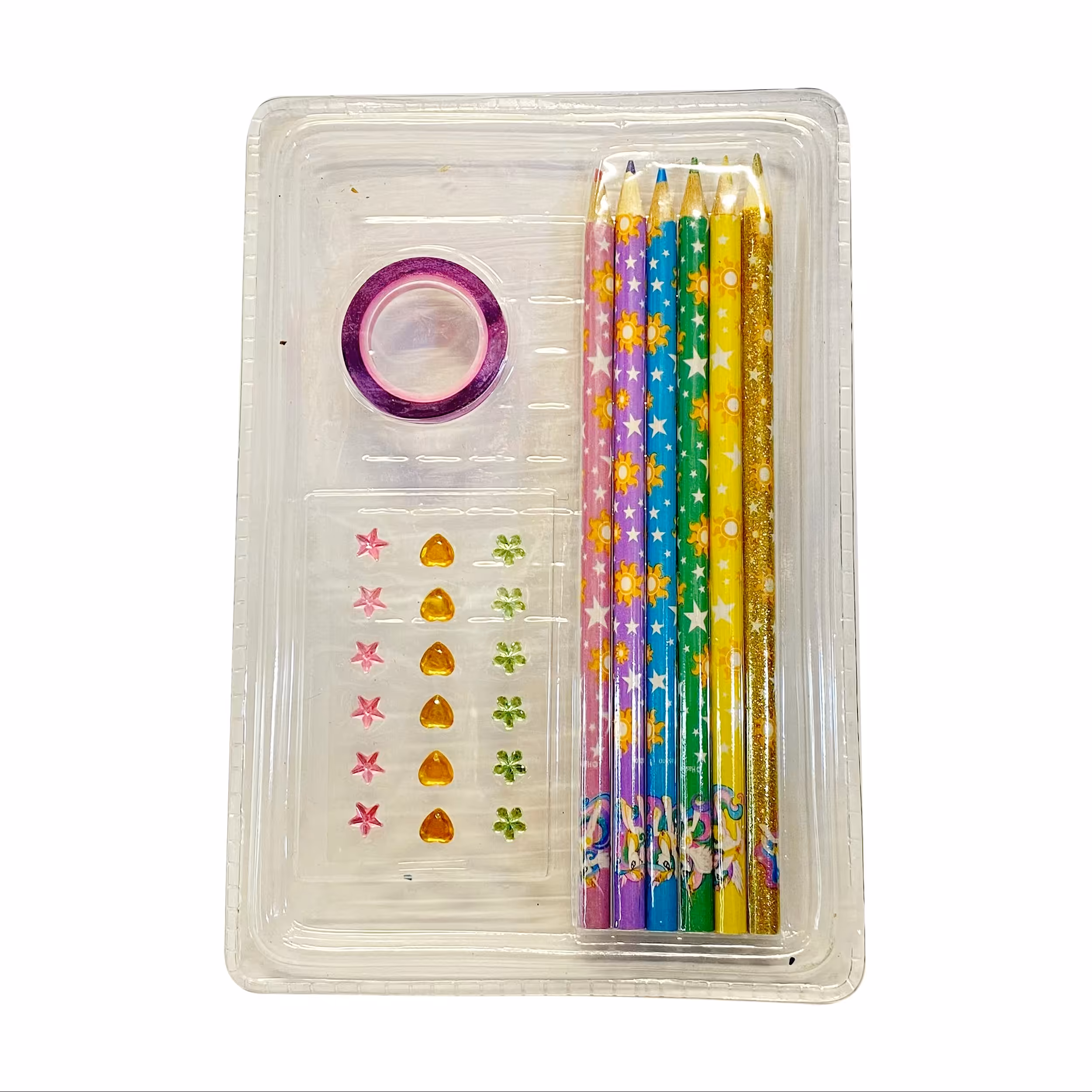 ست نقاشی دارای مداد رنگی 6 رنگ به همراه چسب نواری رنگی و نگین چسبی