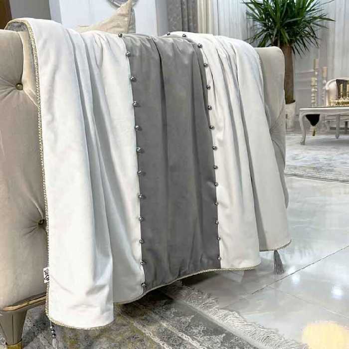 شال مبل طرح مروارید مخمل کرم و مخمل طوسی