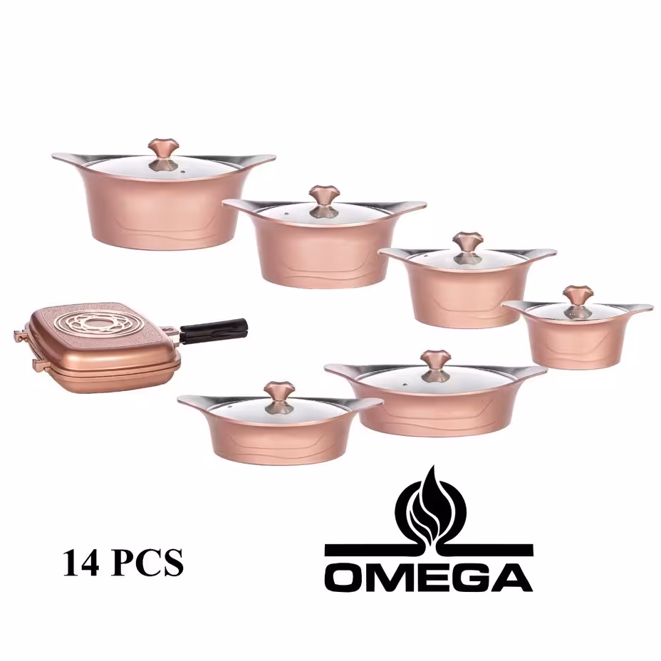 سرویس قابلمه  14 پارچه امگا  طرح لبخند  رنگ  رز گلد با 18  ماه گارانتی وارسال رایگان به سراسر ایران