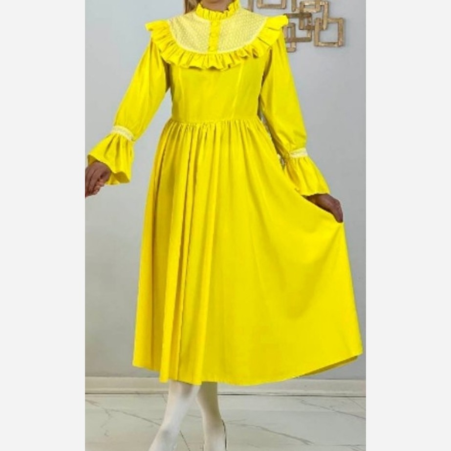 پیراهن زنانه مجلسی پیراهن زنانه بلند پیراهن زنانه پوشیده پیراهن حجاب سایز 48 رنگ زرد