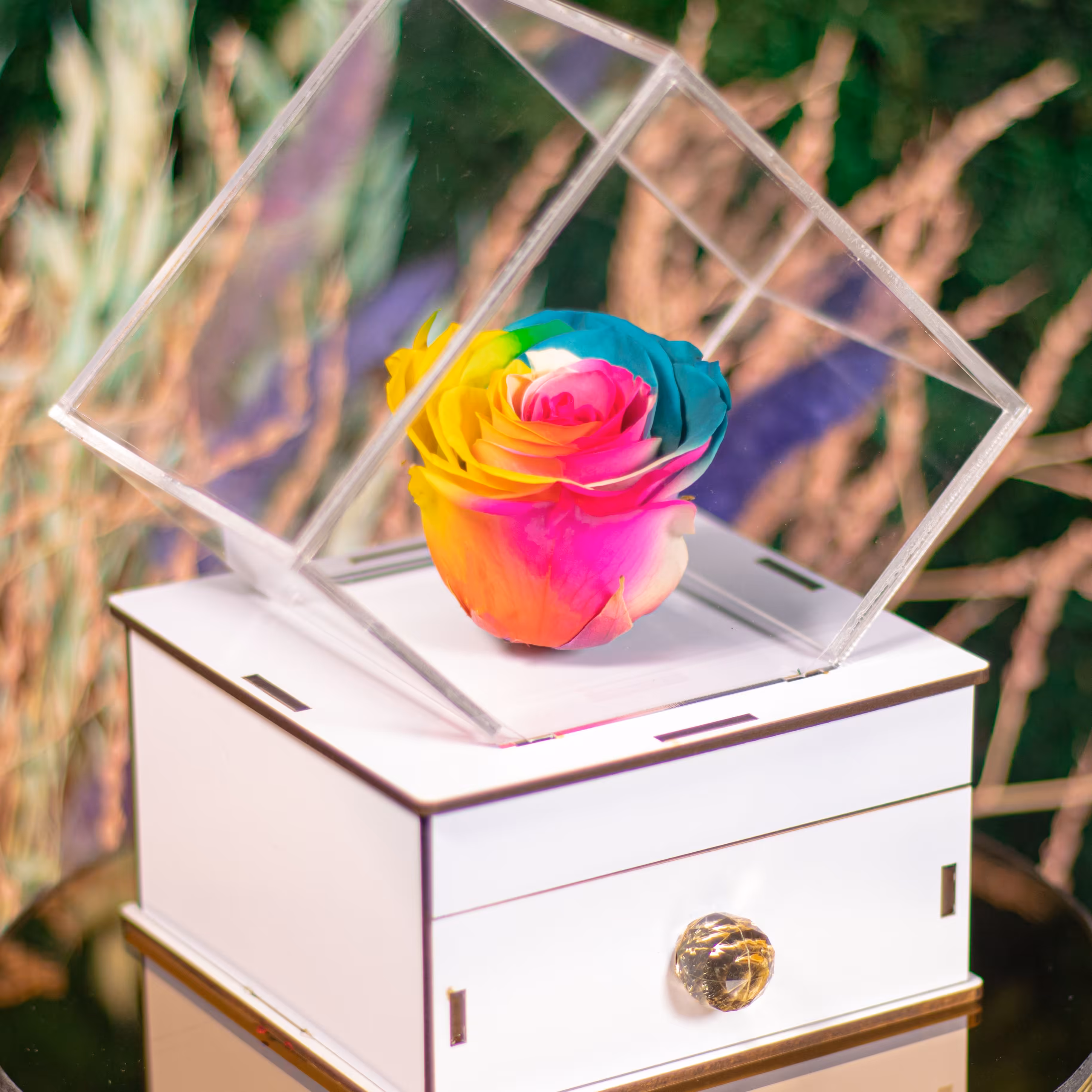 باکس و جعبه گل رز جاودان مدل دیاموند کد2 جهت هدیه و دکوراسیون و یادگاری سورپرایز