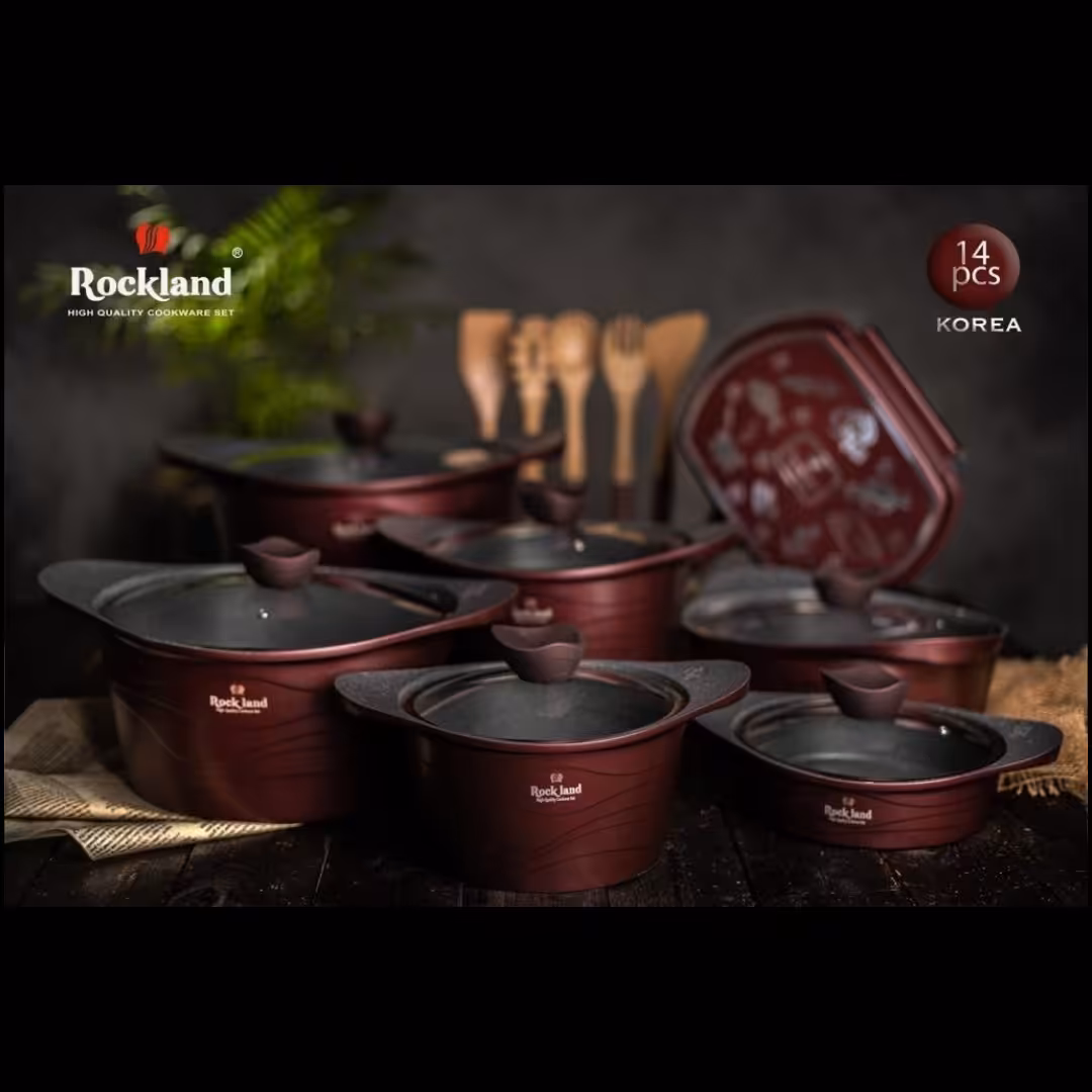 سرویس قابلمه چدن گرانیت 14 پارچه برند راکلند مدل موجی رنگ زرشکی 