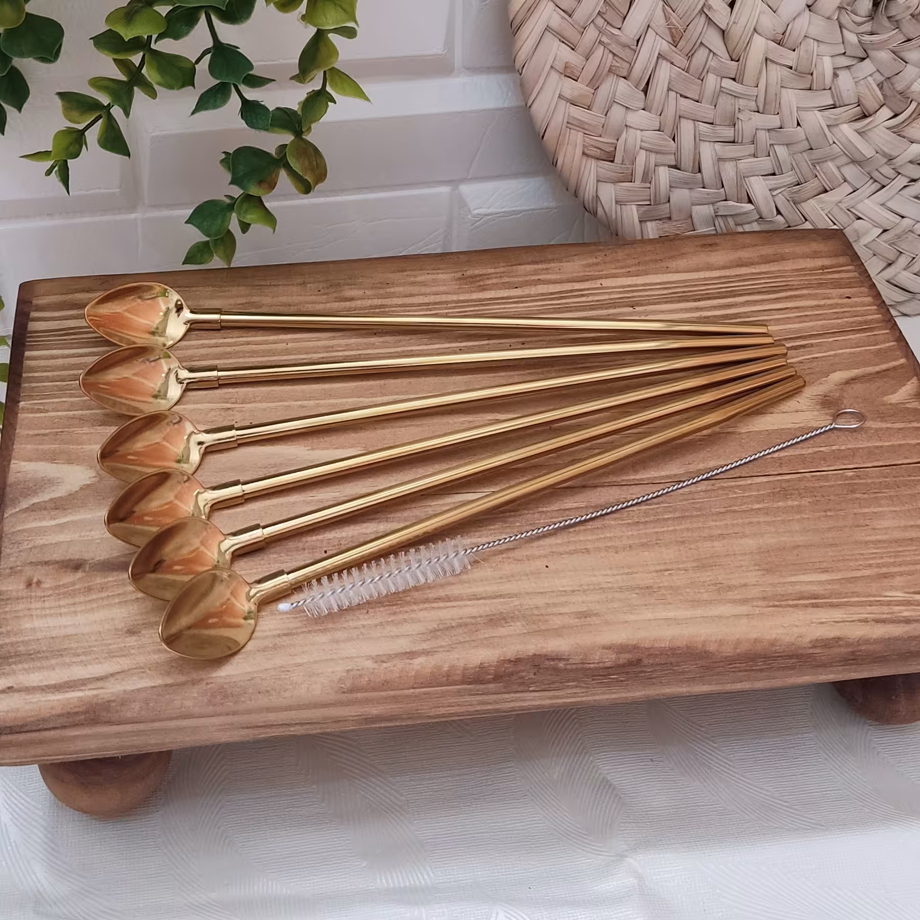 نی شربتی طلایی استیل(فرچه دار)