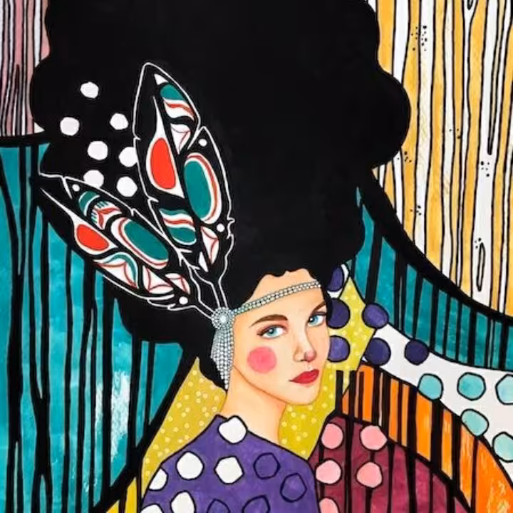 نقاشی فانتزی چهره دختر،با رنگ های شاد اکرلیک و گواش