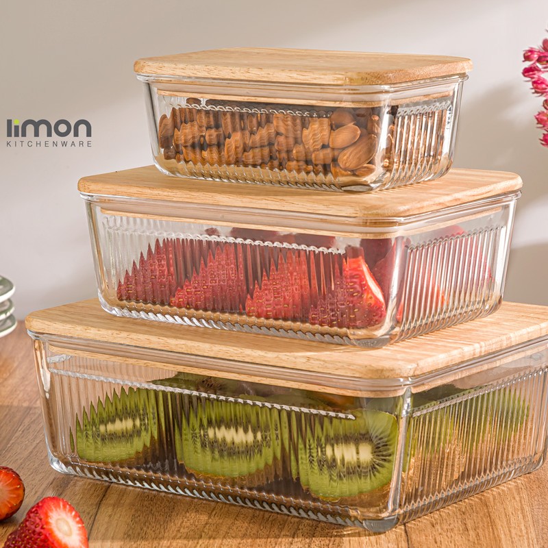 ست ظرف شیشه ای 3 سایز مستطیل درچوبی شیاردار لیمون (limon) 
